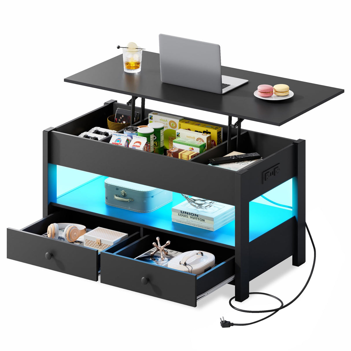 WLIVE Coffee Table, Lift Top Coffee Table with 2 Drawers, LED Light, Large Storage and Open Shelf, Lift Tabletop for Living Room, Black, Black WLIVE