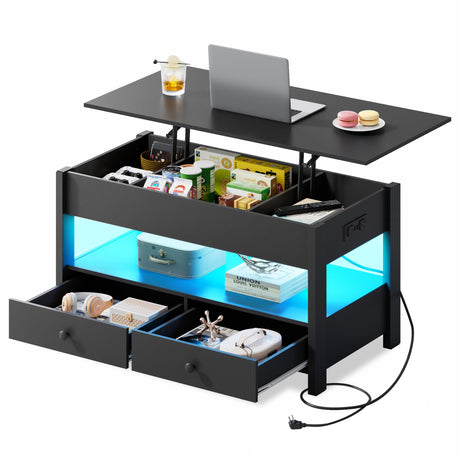 WLIVE Coffee Table, Lift Top Coffee Table with 2 Drawers, LED Light, Large Storage and Open Shelf, Lift Tabletop for Living Room, Black, Black WLIVE