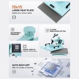 VEVOR Heat Press Machine, 5 in 1 Heat Transfer Machine with 30 oz Tumbler Press, 15 x 15 inch, 360° Swing Away T-Shirt Pressing, Digital Precise Control, for T-Shirts/Mugs/Hats/Plates, Green VEVOR