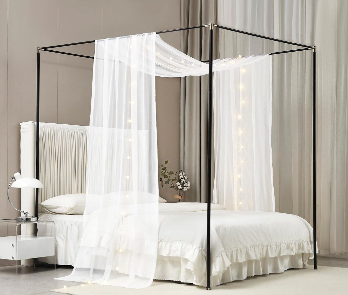 Akiky Canopy Bed Curtains with Light Princess Bed Canopy Scarf for Full/Queen Metal Bed Frame,Wood Frame Bed-2 Panel Sheer Curtain(Full/Queen,White)