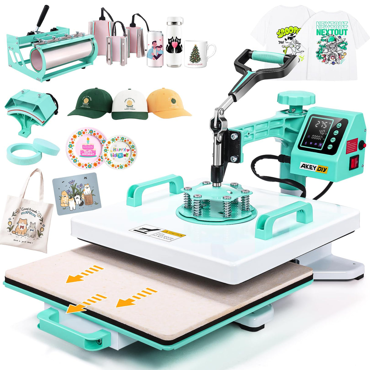 15x15 Heat Press Machine, 8in1 Multi-Purpose Heat Press with 11-30oz Tumbler/Mug/Hat Press, 360° Swing Away/Slide Out Sublimation Tshirt Combo, DIY Heats Transfer Press Vinyl AKEYDIY