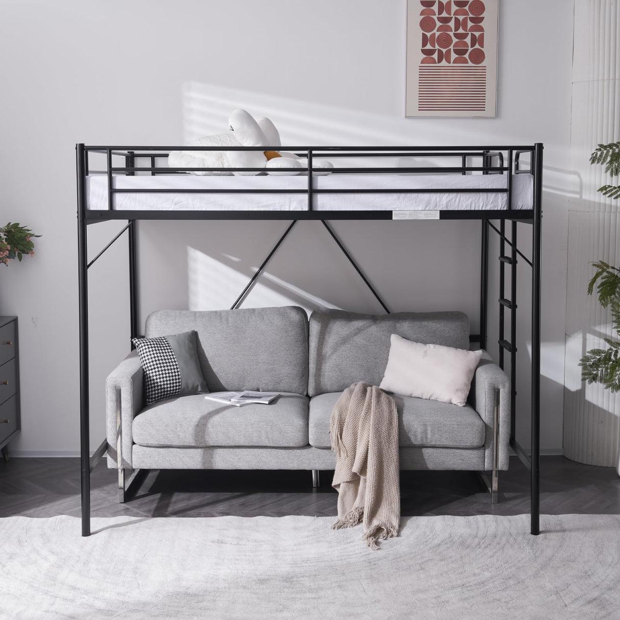 VINGLI Loft Bed Full Size with Flat Rungs for Adults, Kids and Young Teens, No Box Spring Required,Heavy Duty Metal Slat Support VINGLI