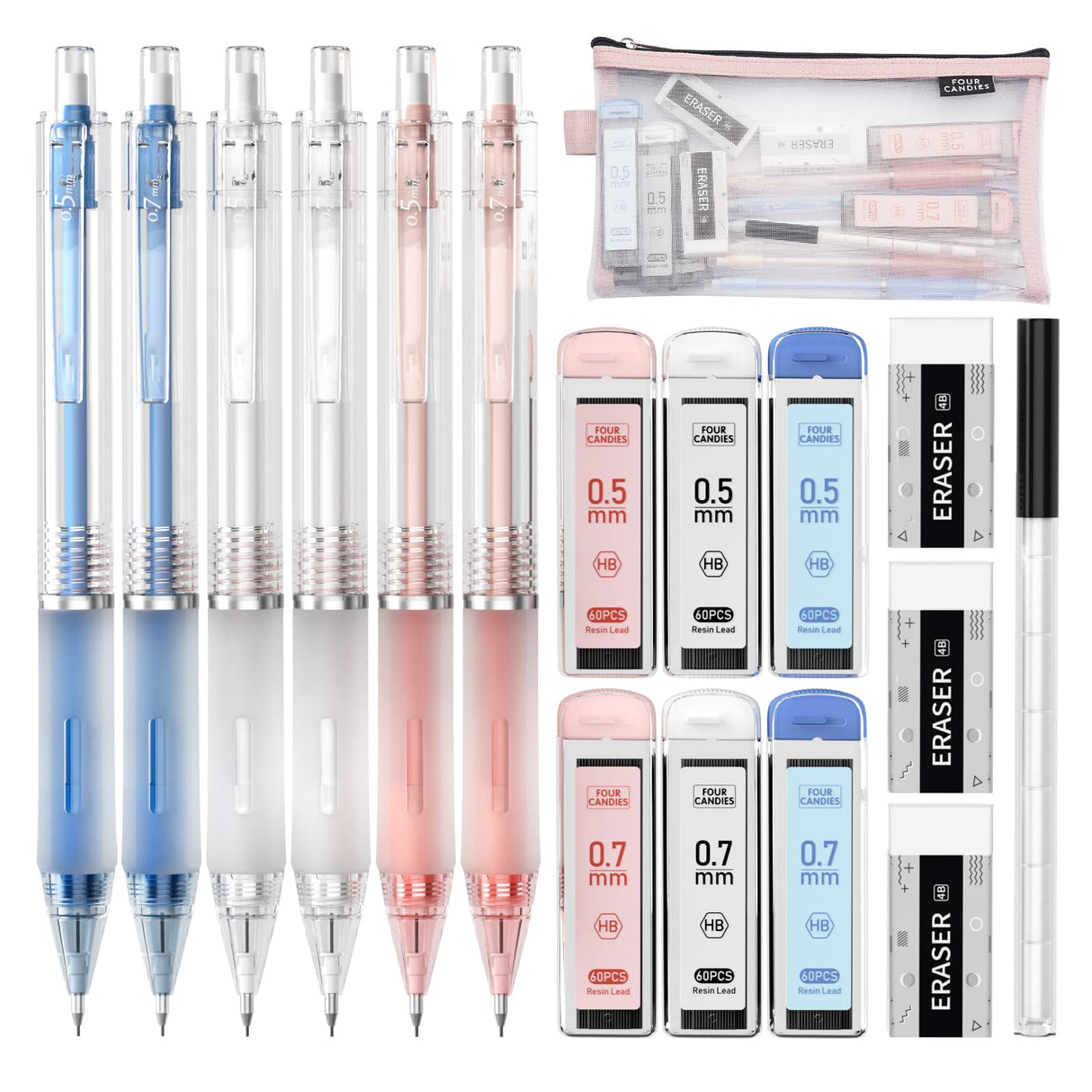 Four Candies Mechanical Pencil Set with Case, 6PCS Aesthetic Mechanical Pencils 0.5 & 0.7mm with 360PCS HB Lead Refills, 3PCS Erasers, 9PCS Eraser Refills for writing, drawing and sketching Four Candies