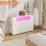 DRAWERHOM Dresser TV Stand with Power Outlets and LED Lights for 55'' TV, 11 Drawers Dresser with Side Pocket, Fabric Chest of Drawers with PU Finish, Sturdy Frame & Wood Top (White) DRAWERHOM
