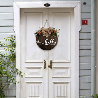 Wood Round Hello Welcome Wreath Sign Hanging Decoration Front Door, Farmhouse Porch Sign and Artificial Green Plant, Rural Outdoor Decor New House Relocation Gift - WoodArtSupply