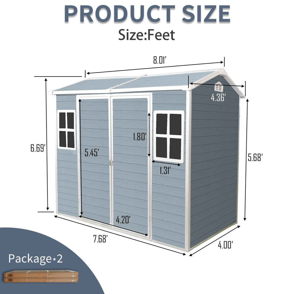 8 FT x 4 FT Resin Outdoor Storage Shed with Two-Window and Double Lockable Door, Plastic Shed with Floor for Gargen, Patio, Yard, Lawn WoodArtSupply