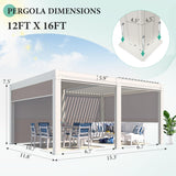 YOLENY Louvered Pergola and 6 Pull-Down Screens, 12x16FT All Aluminum Pergola with Adjustable Rainproof Roof, Outdoor Sun Shade Shelter for Patio, Weatherproof, White YOLENY