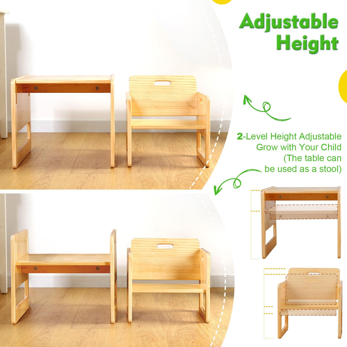 FUNLIO Montessori Weaning Table and Chair Set for Toddlers Age 1-3, Height Adjustable Toddler Table and Chair Set, Cube Kids Table Chair for Reading/Eating/Playing, Easy to Assemble, CPC Certified FUNLIO