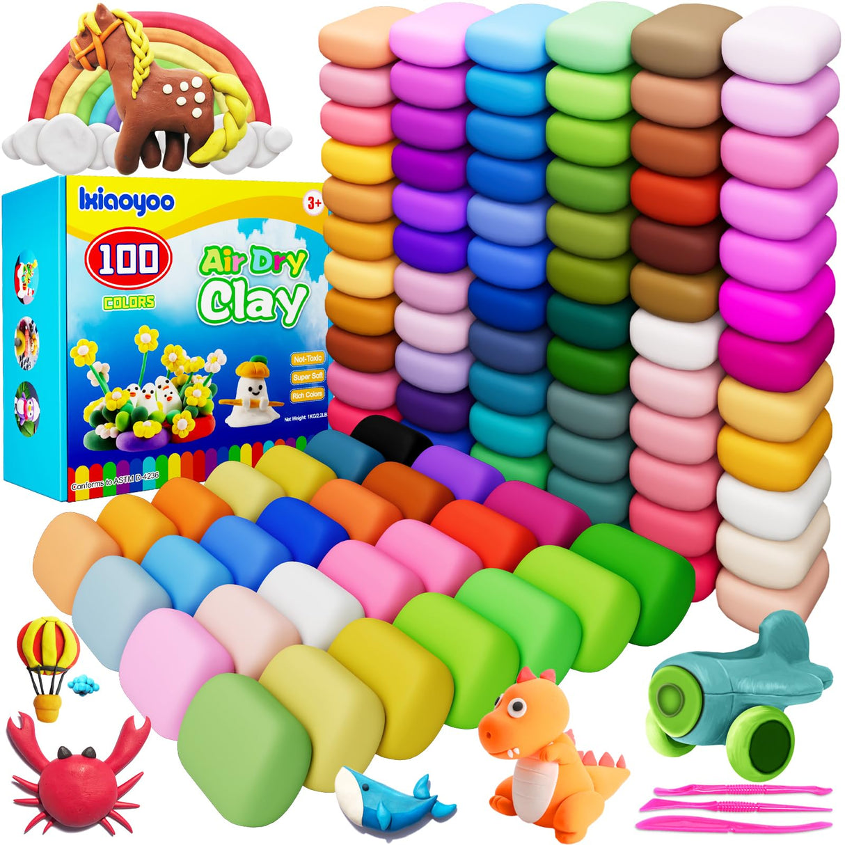 Ixiaoyoo Air Dry Clay, 100 Colors Modelling Clay for Kids, Safe & Non-Toxic, DIY Model Art & Crafts Toys with Sculpting Tools, Home Party Favors, Birthday & Christmas Gifts for Ages 3-12 Boys & Girls Ixiaoyoo