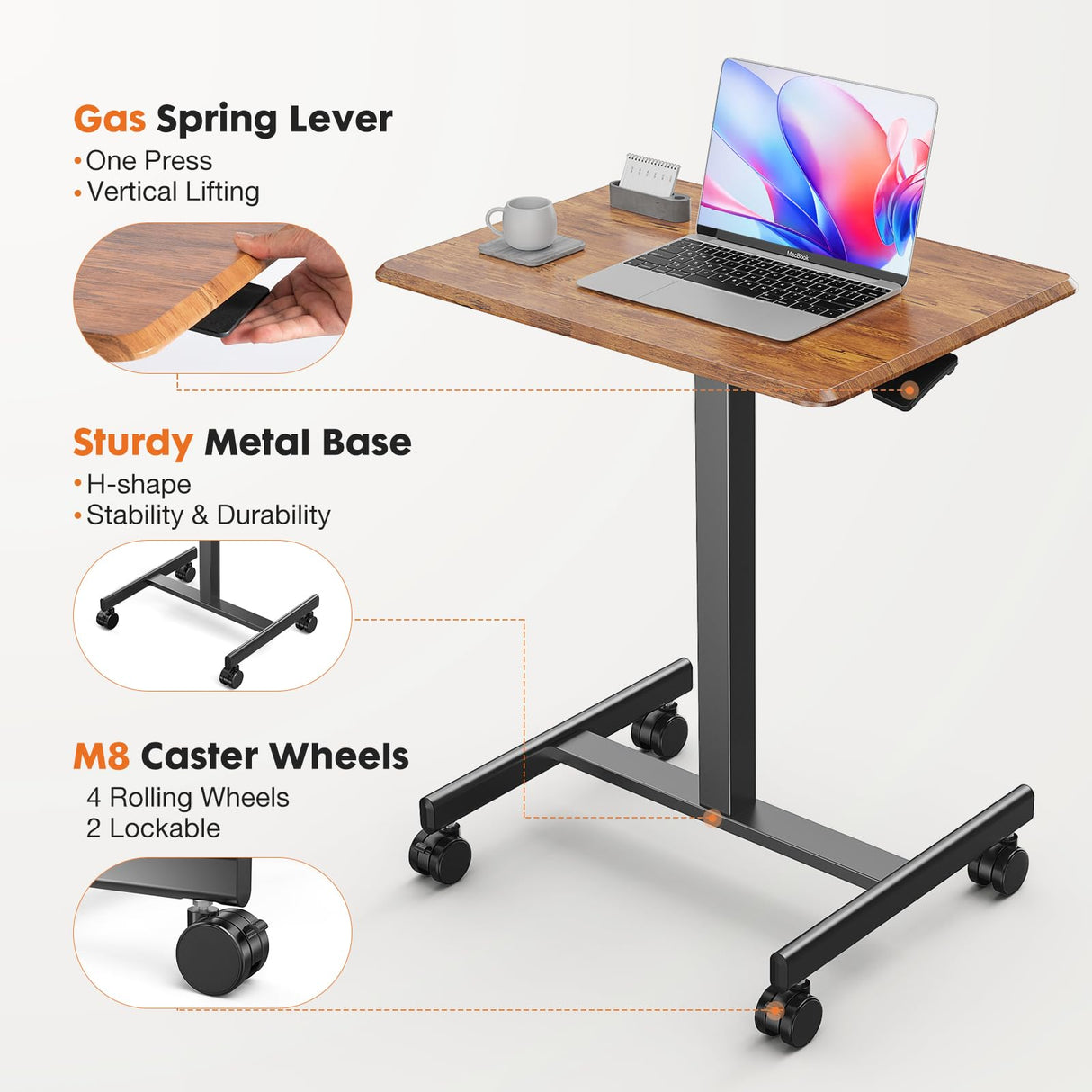 Sweetcrispy Mobile Small Standing Desk - Sit Stand Portable Rolling Laptop Desk with Lockable Wheels, Adjustable Height Computer Workstations, Brown Sweetcrispy