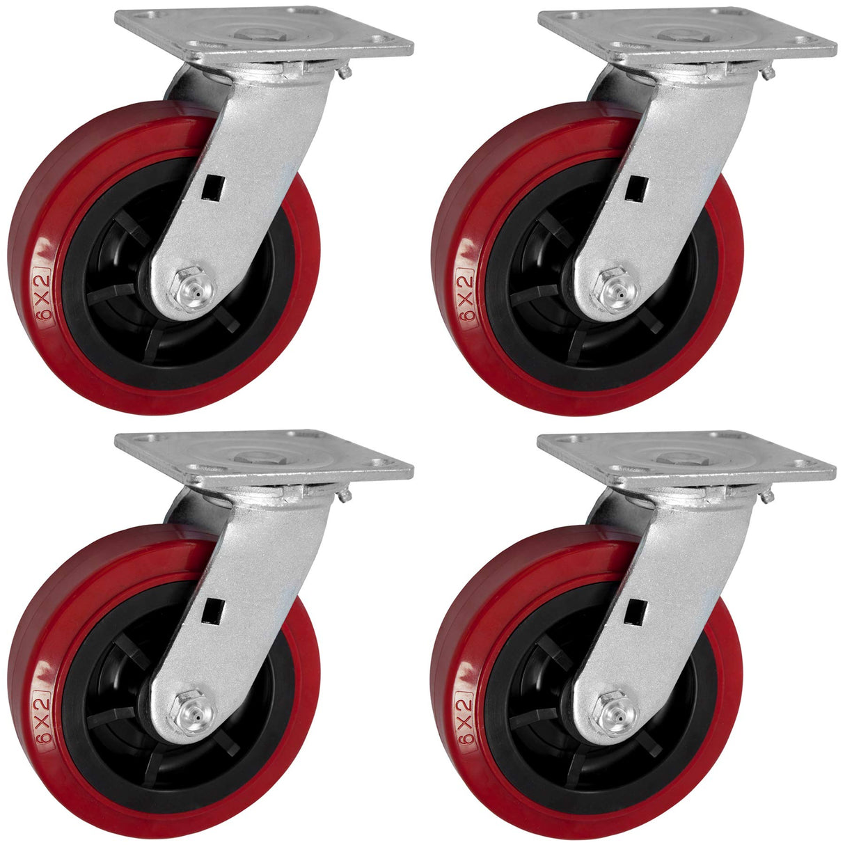 6 inch x 2 inch PRO-TECH Polyurethane Non-Marking Heavy Duty Swivel Casters, 3600 LBS Load Capacity, RED (4 Pack) - ICON 6660 Series ICONCASTERWHEELS