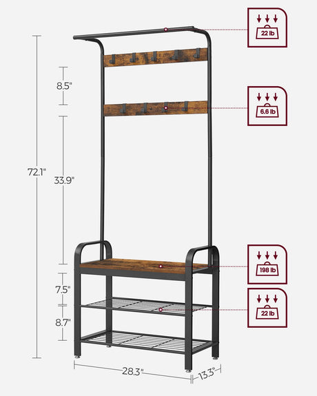 VASAGLE Coat Rack, Hall Tree with Shoe Bench for Entryway, Entryway Bench with Coat Rack, 4-in-1, with 9 Removable Hooks, a Hanging Rod, 13.3 x 28.3 x 72.1 Inches, Rustic Brown and Black UHSR40B VASAGLE