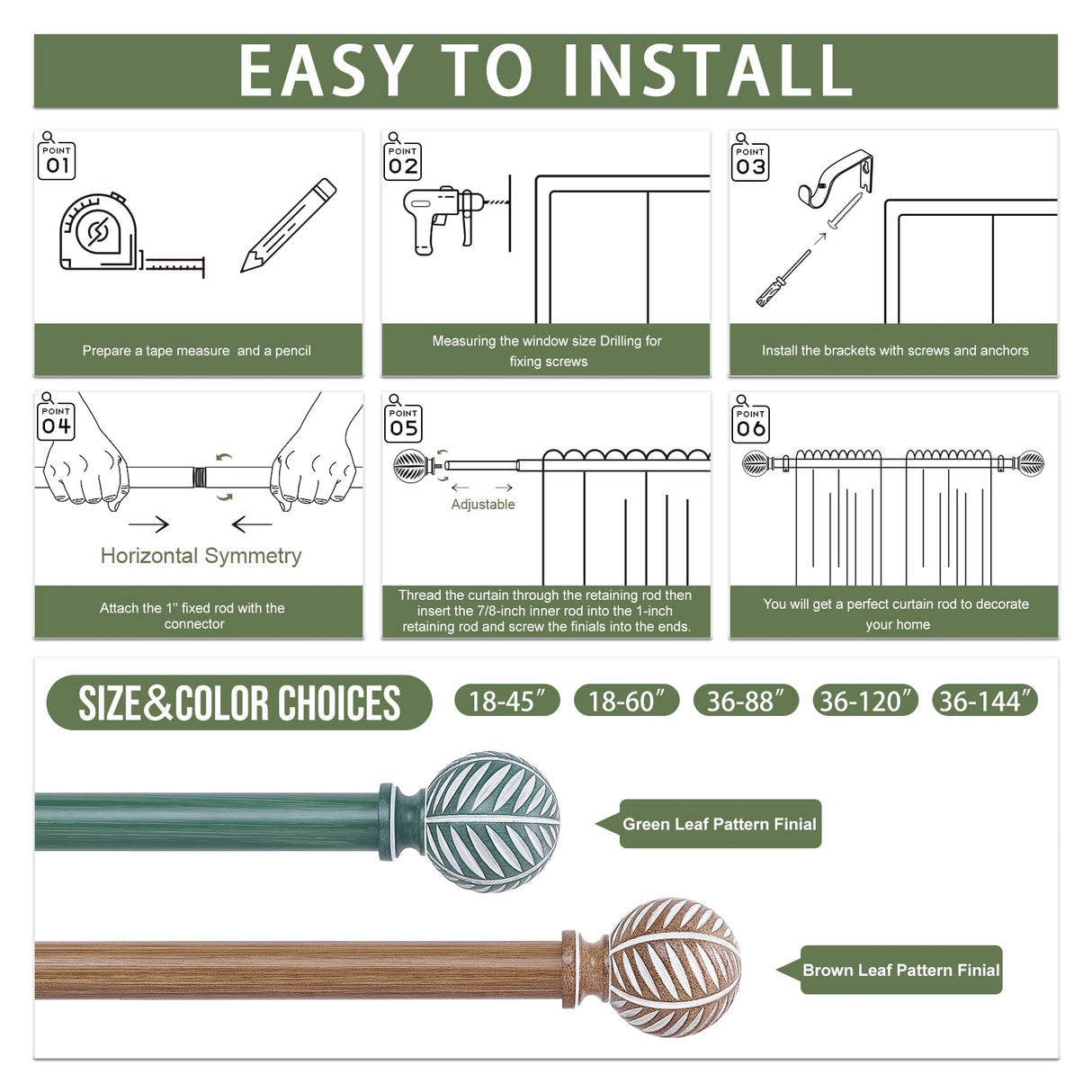 HTZON Wood Curtain Rods 48 to 84 Inch,1 Inch Boho Adjustable Curtain Rod,Imitation Wood Grain Leaf Decorative Window Curtain Rods,Farmhouse Rustic Heavy Duty Curtain Rods,Brown Drapery Rods 36-88" HTZON