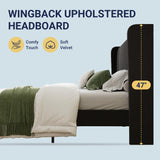 Allewie King Size Velvet Platform Bed Frame with Vertical Tufted Wingback Headboard, Easy Assembly, Under Bed Storage, No Box Spring Required, Modern Style, Black Allewie