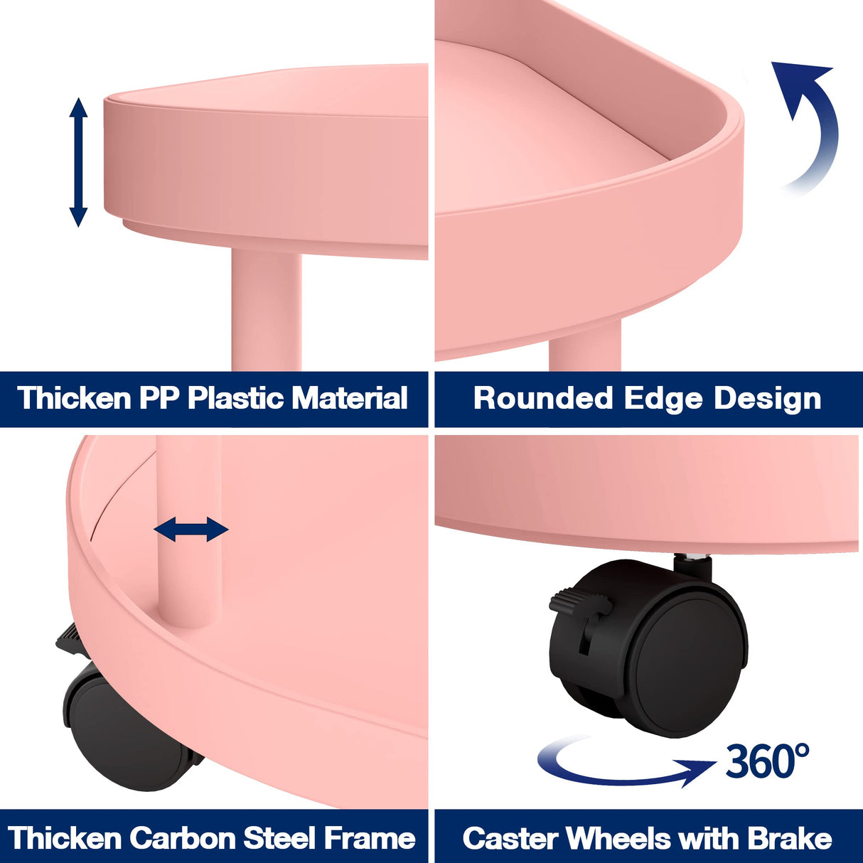 villertech Side Table with Wheels, End Table Living Room Plastic Mobile Sofa Side Table Small Night Stand Bedroom Pink villertech