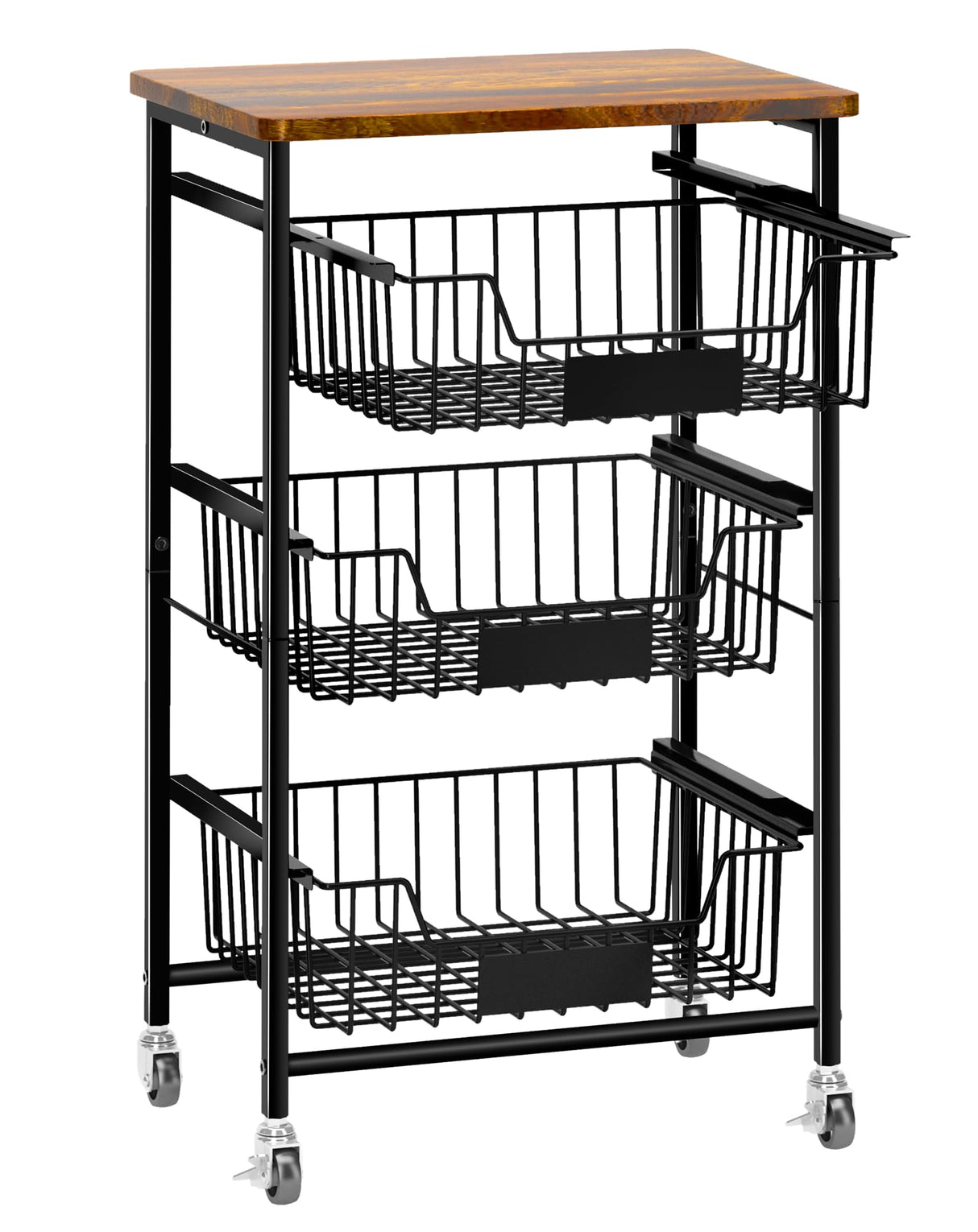 OKZEST 4-Tier Small Kitchen Storage Cart on Wheels, Metal Fruit Basket Stand with Pull-Out Baskets & Wood Top for Potato Onion Produce Snack Veggies OKZEST