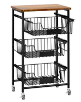 OKZEST 4-Tier Small Kitchen Storage Cart on Wheels, Metal Fruit Basket Stand with Pull-Out Baskets & Wood Top for Potato Onion Produce Snack Veggies OKZEST