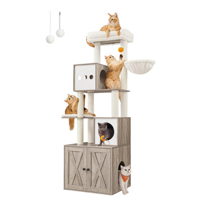 Feandrea Cat Tree with Litter Box Enclosure, 2-in-1 Modern Cat Tower, 72.8-Inch Tall Cat Condo with Scratching Posts, Perch, Caves, Basket, Washable Cushions, Heather Greige UPCT116G01 - WoodArtSupply