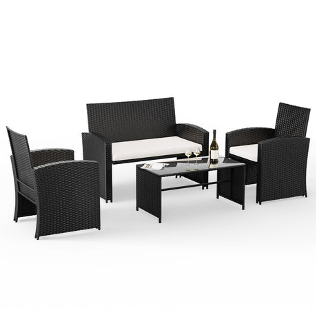 Amopatio Outdoor Furniture Set,4 Pieces Black Rattan Wicker Conversation Sets Sectional Sofa with White Cushions Amopatio