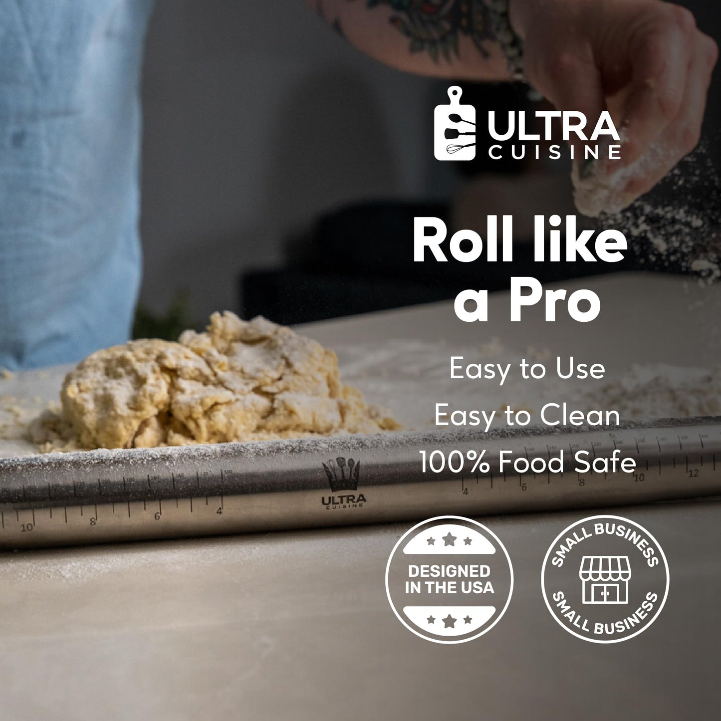 Ultra Cuisine French Rolling Pin for Baking – Tapered Stainless Steel Design with Measurements, Professional or Home Use with Pizza, Cookie, & Pastry Dough, or Fondant and Pie Crust – Dishwasher-Safe