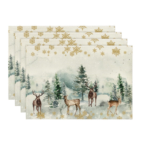 Artoid Mode Watercolor Deer Trees Snowflakes Christmas Placemats for Dining Table, 12 x 18 Inch Seasonal Winter Xmas Holiday Rustic Vintage Thanksgiving Washable Table Mats Set of 4 Artoid Mode