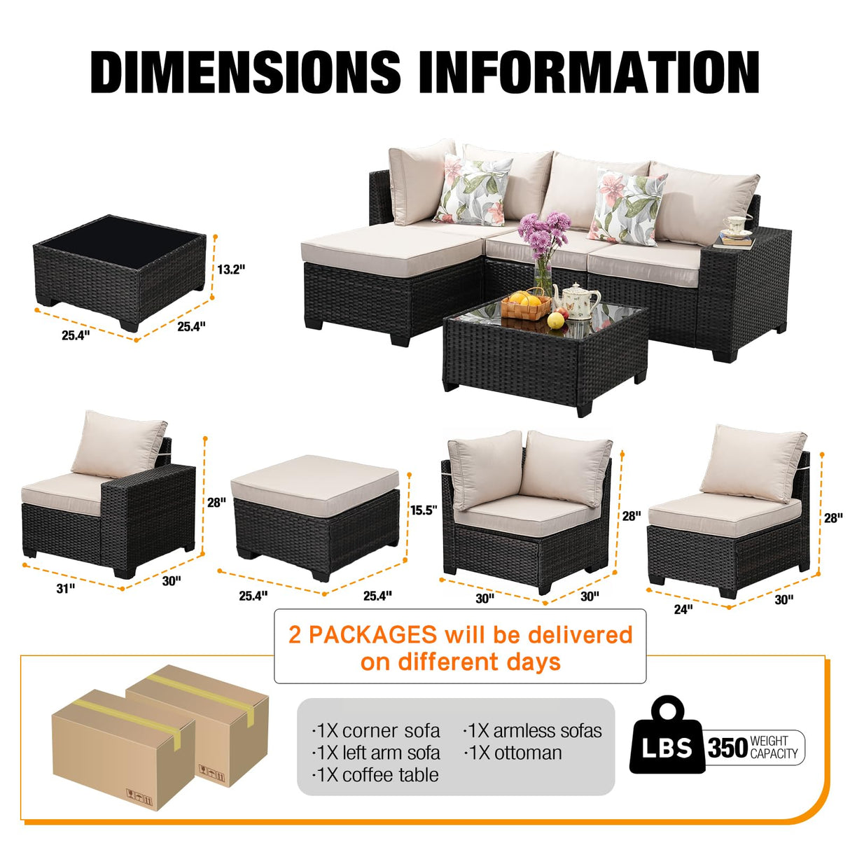 JOYURE 5 Pieces Patio Furniture Set All-Weather Outdoor Wicker Sectional Conversation Sofa Rattan Patio Seating Sofa with Cushion and Glass Table and Ottoman for Porch,Beige JOYURE