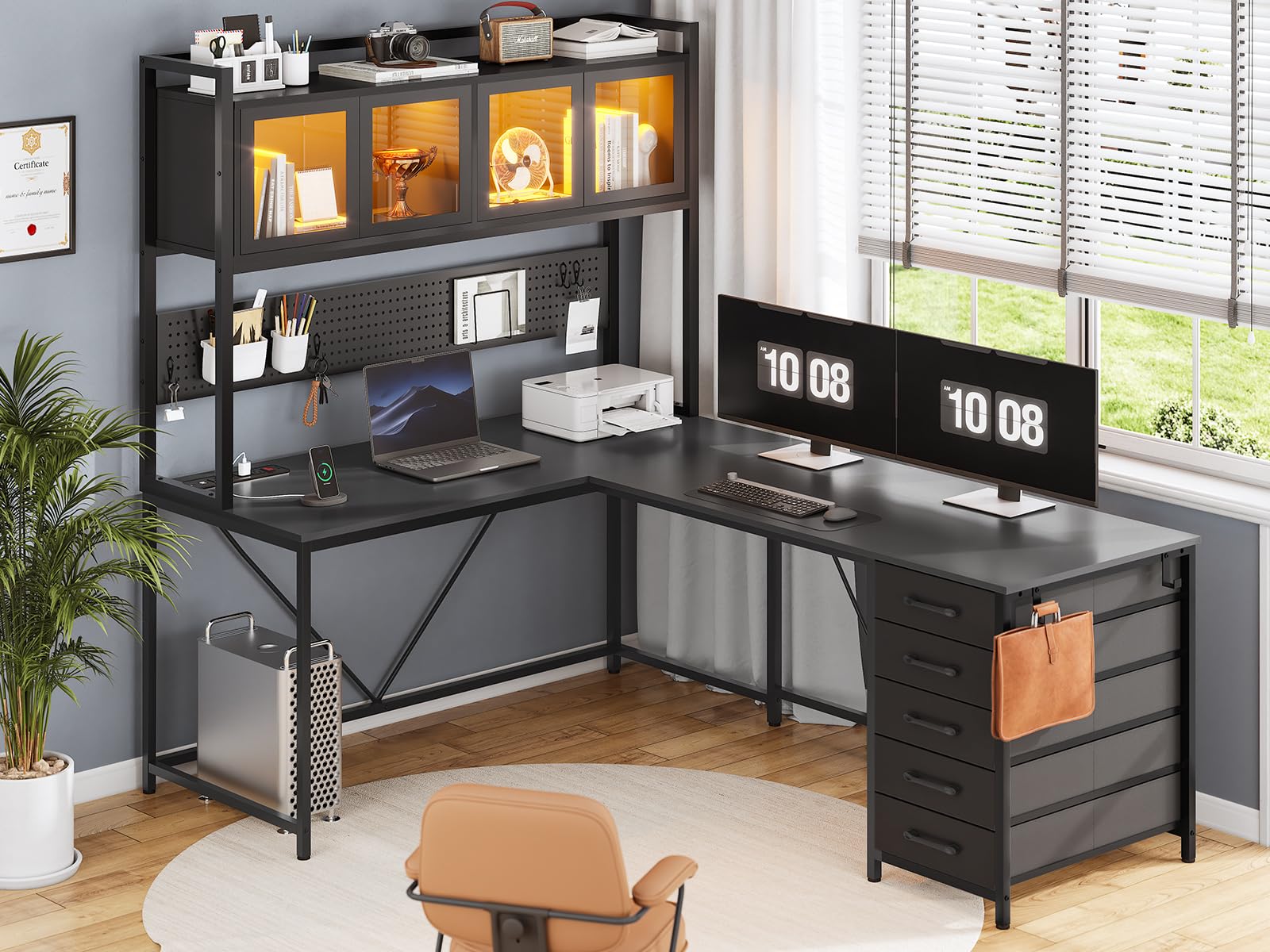 SEDETA L Shaped Gaming Desk with Drawers, L Shaped Computer Desk with Hutch and Storage Shelves, Gaming Desk with Pegboard, Led Lights, and Power Outlet, Home Office Desk, Corner Desk, Black - WoodArtSupply