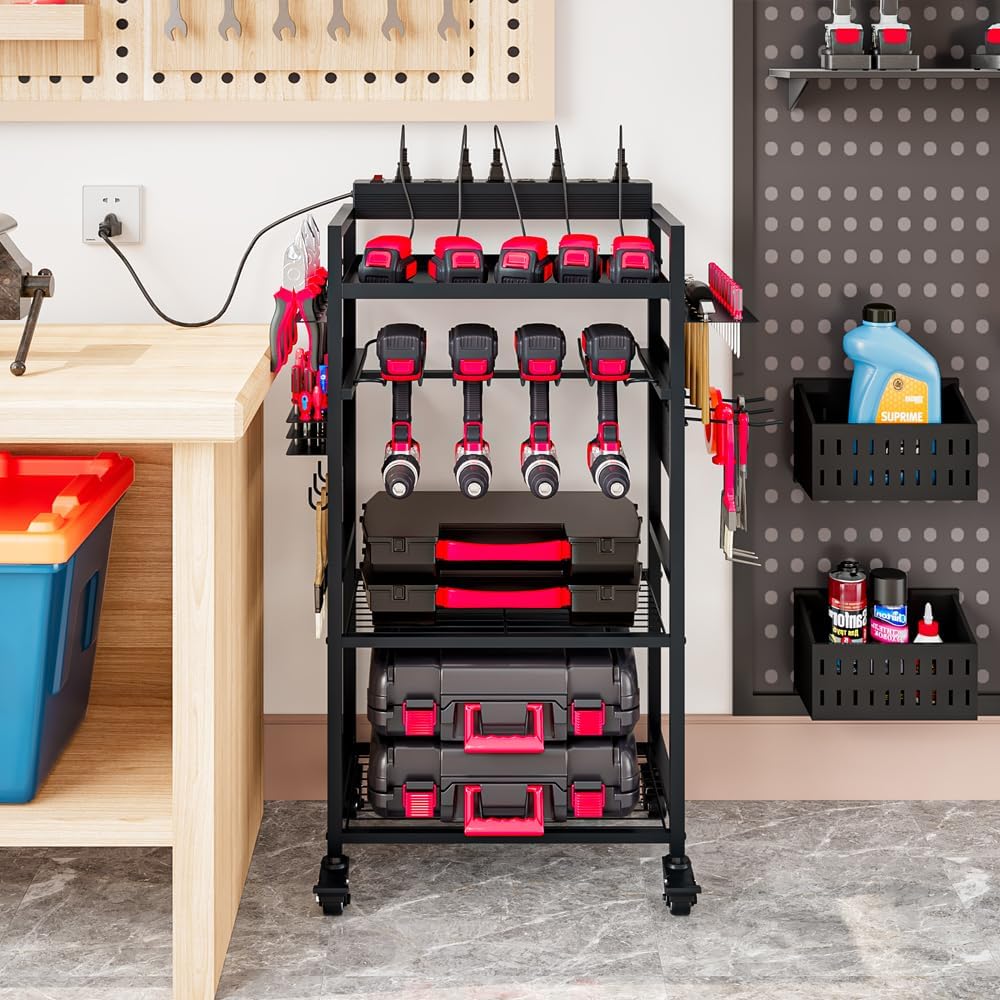 INGIORDAR Large Power Tool Organizer Cart with Charging Station, Garage Floor Standing Rolling Drill and Tools Battery Storage Cart on Wheels, Heavy Duty Utility Rack Shelf for Men, Husband, Father. INGIORDAR
