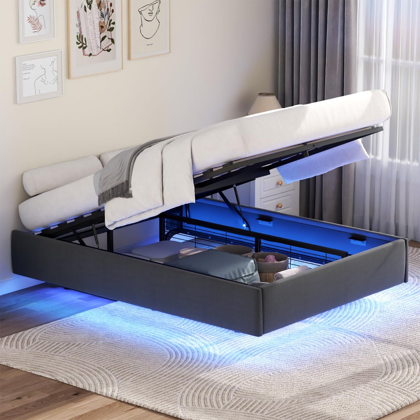 Full Floating Lift-Up Bed Frame with LED Lights & Hydraulic Storage – Modern Metal Platform Design (Full Size) - WoodArtSupply