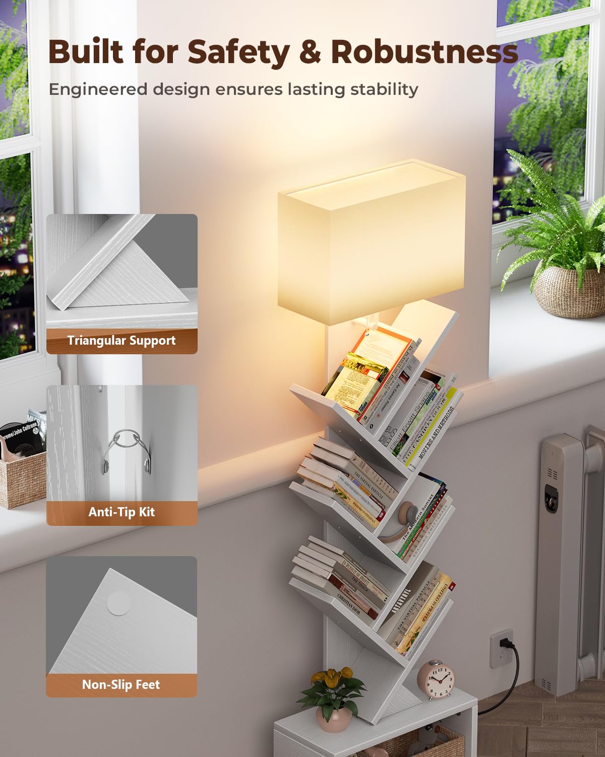 Evermagin 6 Tier Tree Bookshelf with Light, Narrow Bookcase Tower, Tall Floor Standing Book Shelf Organizer with Storage Cabinet for Living Room, Bedroom and Home Office, White Evermagin