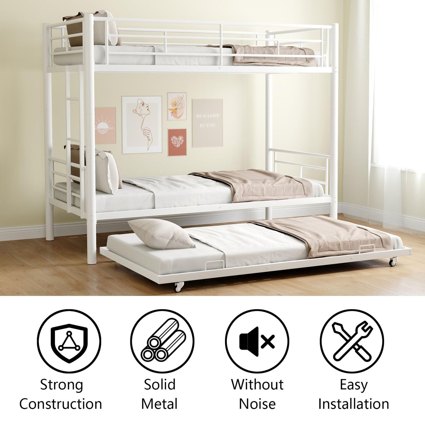 Suheww Twin Over Twin Metal Bunk Bed with Trundle, Heavy-Duty Steel Beds Frame with Side Ladder, Convertible Bunkbed Safety Guardrails,No Box Spring Needed (White)