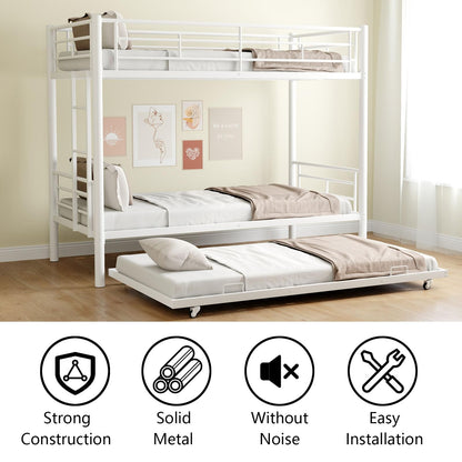 Suheww Twin Over Twin Metal Bunk Bed with Trundle, Heavy-Duty Steel Beds Frame with Side Ladder, Convertible Bunkbed Safety Guardrails,No Box Spring Needed (White)