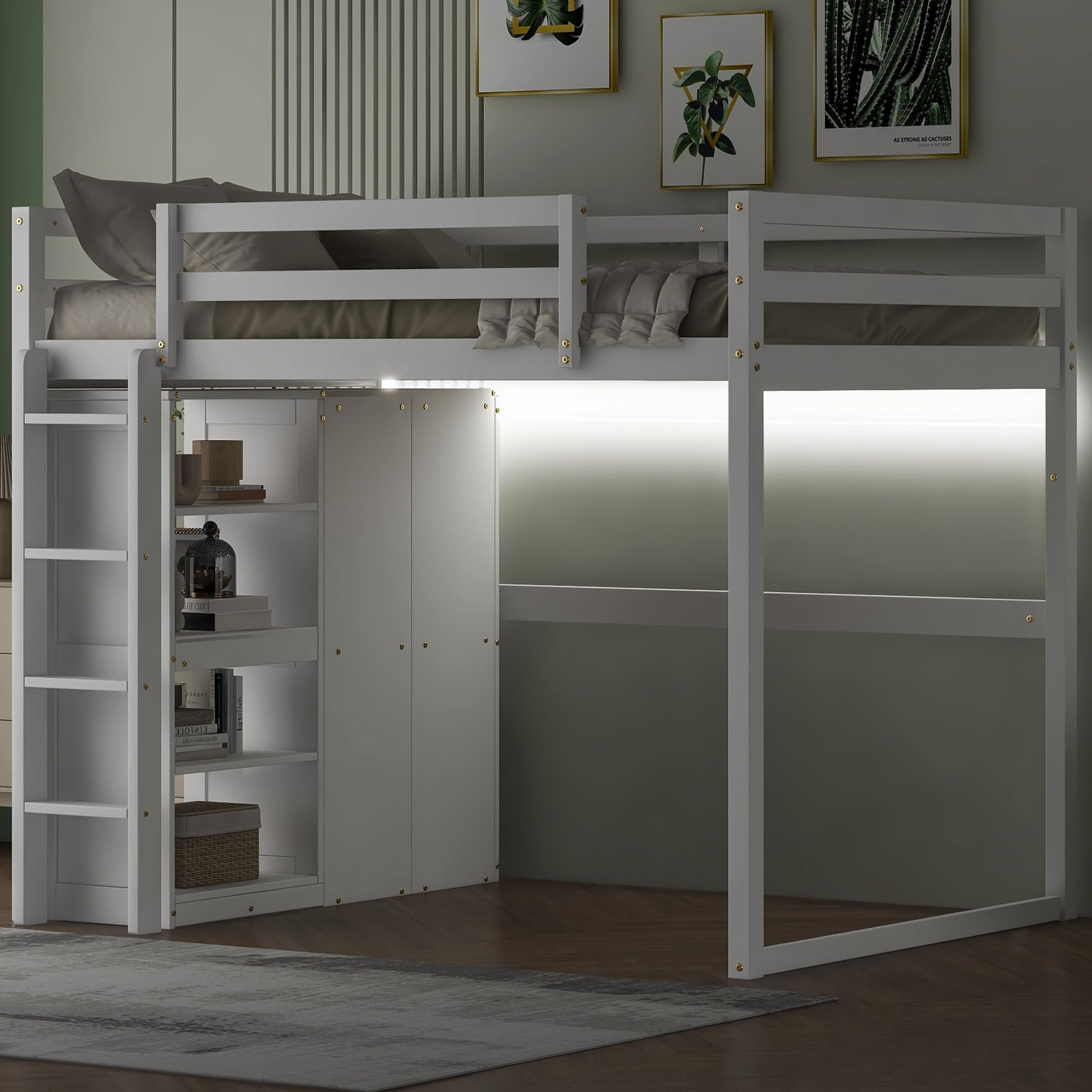 Linique Full Size White Loft Bed with LED Light and Built-in Wardrobe - WoodArtSupply