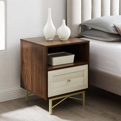 Walker Edison Morgan Contemporary Wood and Metal 1 Drawer Nightstand with Gold Accents, 25 Inch, Dark Walnut and White Poplar - WoodArtSupply