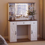 Farmhouse Makeup Vanity Desk with Mirror and Lights, Makeup Vanity with Open Shelves & Power Strip, 3 Lighting Modes Adjustable Brightness, Vanity Table Set with 3 Drawers & 2 Side Cabinet for Bedroom ivaniti