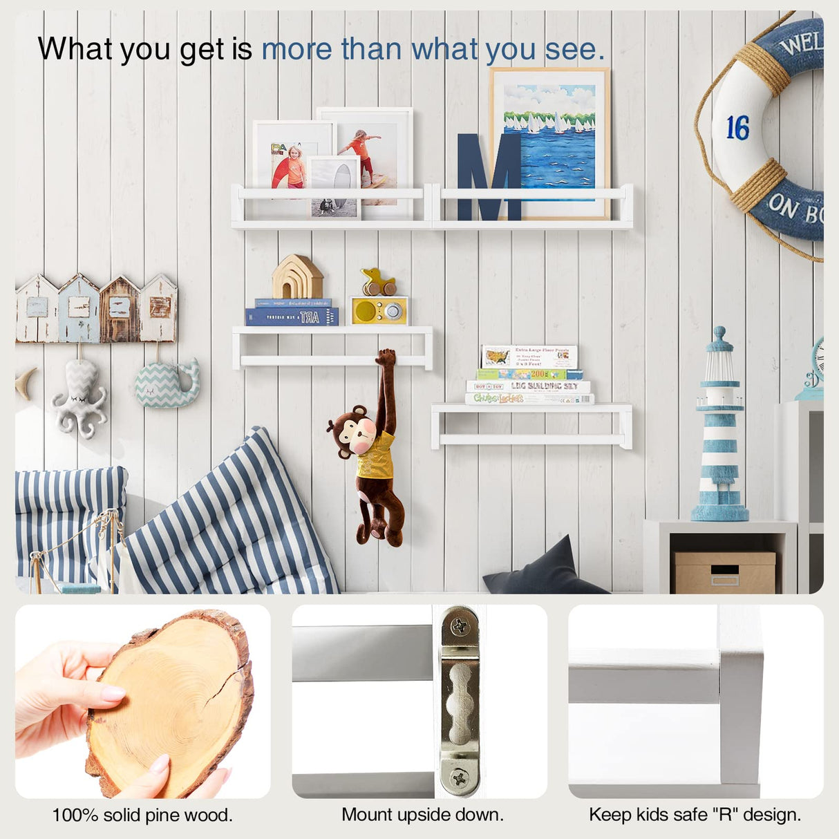 Forbena Floating Nursery Book Shelves for Wall Set of 4, White Wall Bookshelf for Kids Room, Small Wood Book Shelf Wall Mounted for Baby Teen Boys Girls Bedoom Bathroom Toy and Decor Storage Forbena