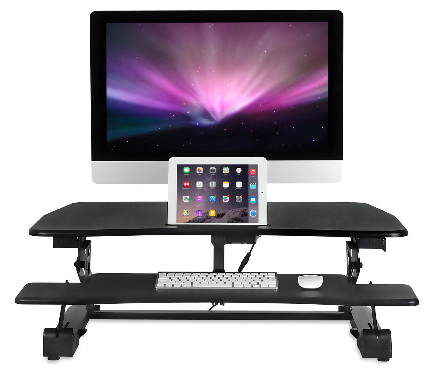 Mount-It! Electric Standing Desk Converter with 35.4" x 23.2 Desktop Riser, Motorized Stand Up Desk Convertor, Built-in USB Port, Ergonomic Height Adjustable Standing Desk Topper in Black (MI - WoodArtSupply