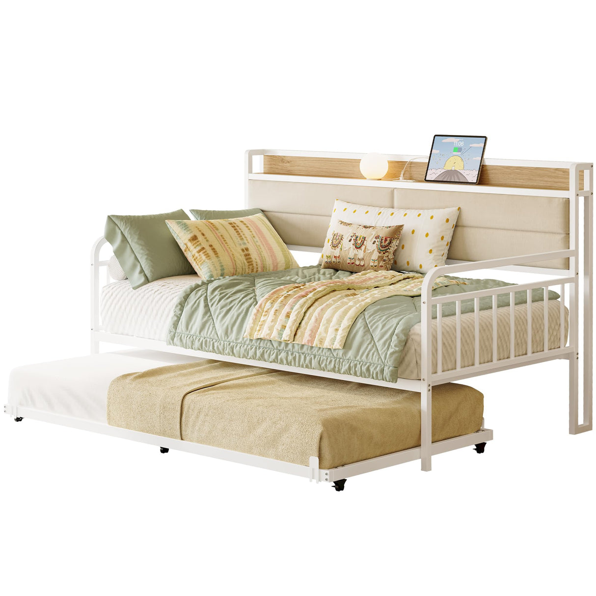 LIKIMIO Daybed with Trundle, Sturdy Metal Twin Bed Frame with Upholstered Headboard and Charging Station for Living Room, Bedroom and Guest Room, White LIKIMIO