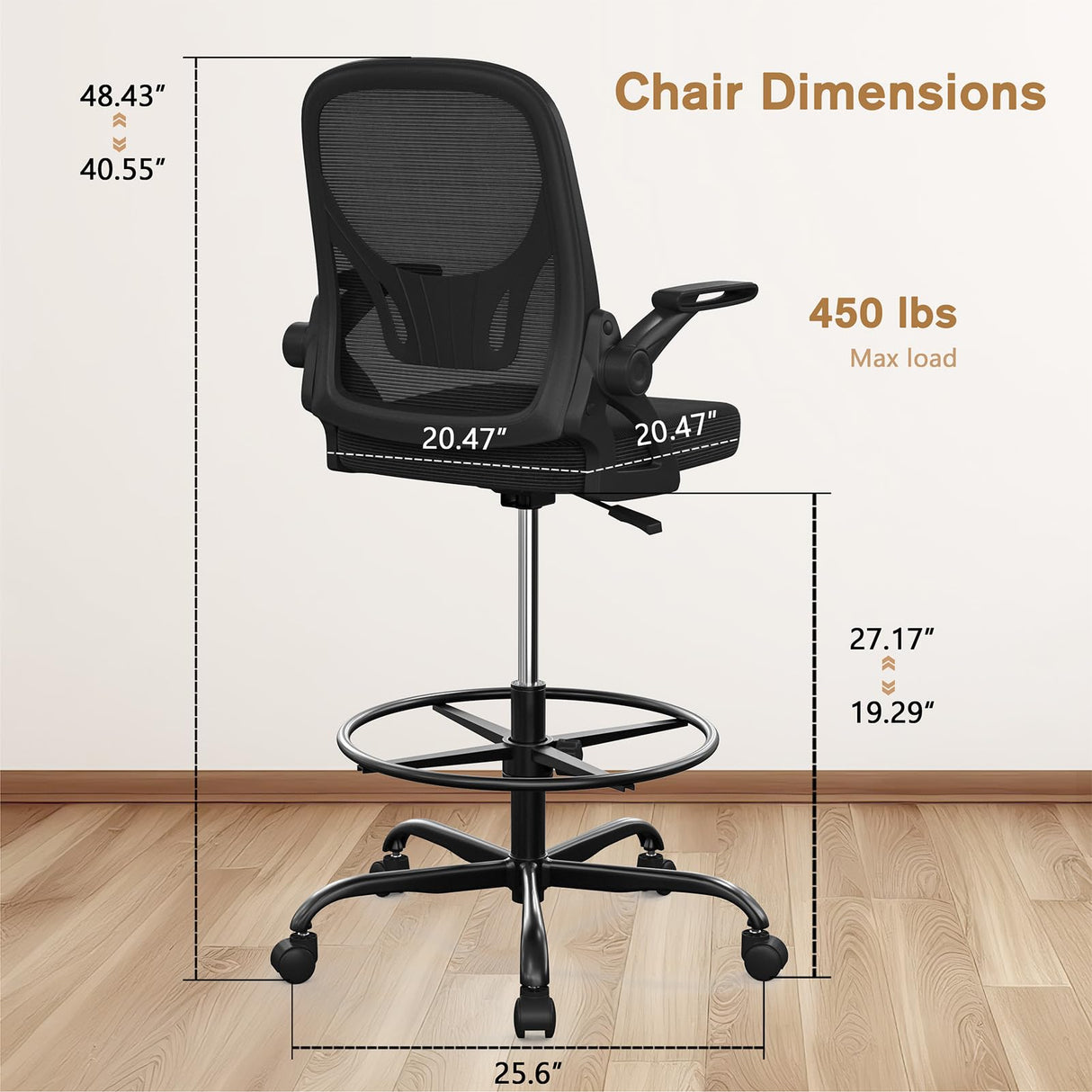 Alolo Drafting Chair with Flip-up Armrests,Tall Office Chair Adjustable Height and Ergonomic Standing Desk Chairs with Lumbar Support and Adjustable Footrest Ring（Black） Alolo