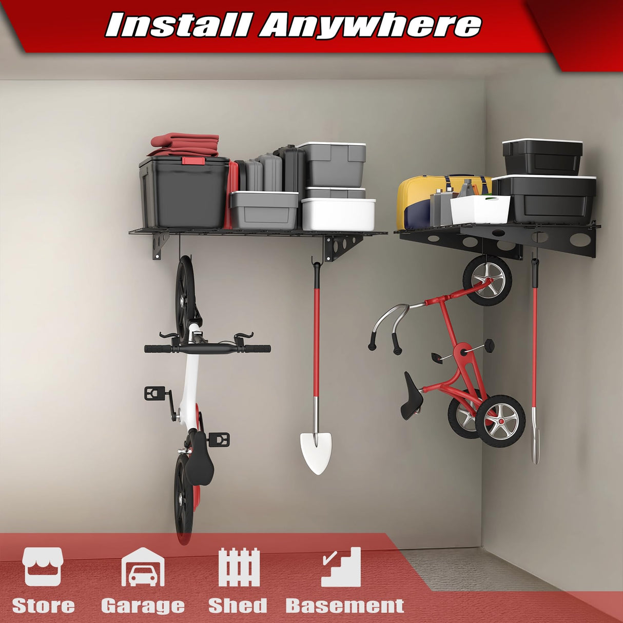 WALMANN 2 Pack Garage Wall Shelves, 2 x 4 ft/24 * 48 inch Wall Mounted Storage Shelves for Garage Heavy Duty Wall Shelving, Holds Up to 220 Lbs(Black) WALMANN