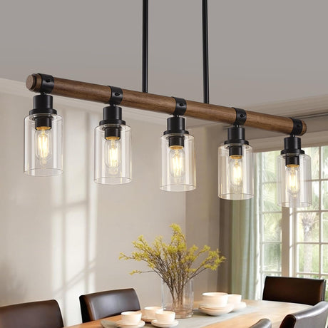 Dining Room Chandelier Over Table, 5-Light Farmhouse Kitchen Island Lighting, Matte Black Rustic Wood Chandelier with Clear Glass Shade, Ceiling Pendant Light Fixture for Kitchen maesta