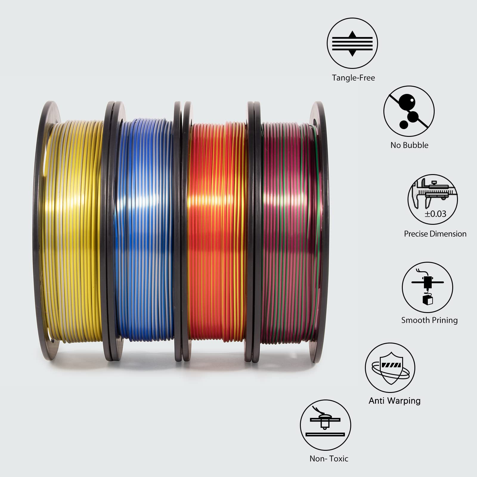 iSANMATE 3D Printer Filament, PLA Filament 1.75mm Bundle, Dual Color Filament Silk PLA, Dimensional Accuracy +/- 0.03 mm, 250g x 4 Pack(Gold+Red,Red+Green, Blue+Silver, Bronze+Silver) - WoodArtSupply