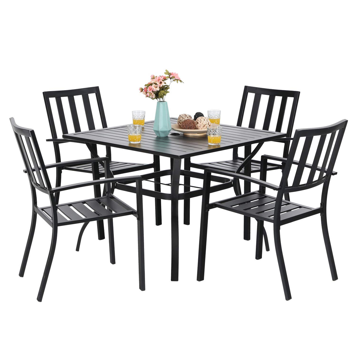 PHI VILLA 5-Piece Metal Patio Outdoor Table and Chairs Dining Set- 37" Square Bistro Table and 4 Backyard Garden Chairs, Table with 1.57" Umbrella Hole PHI VILLA