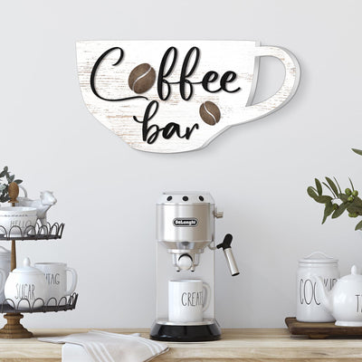 Kigley Coffee Bar Sign 13 x 6.7 Inch Rustic Wood Coffee Sign Farmhouse Coffee Bar Wall Decor Coffee Wall Sign Boho Kitchen Decor Art Accessories for Home, Kitchen, Coffee Station (White)