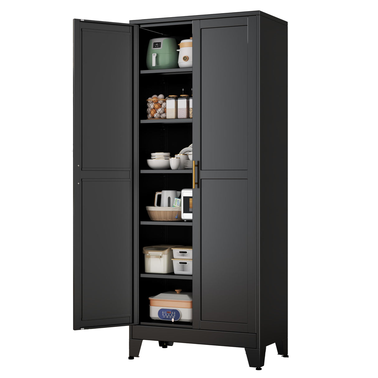 pozdeg Metal Storage Cabinet - 75” Tall Steel File Cabinets with 2 Doors and 5 Adjustable Shelves Versatile Storage Pantry Cabinet for Home Office Warehouse Garage or Outdoor (Black) pozdeg