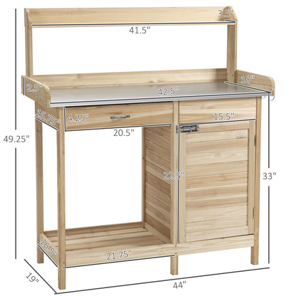 Outsunny Outdoor Potting Bench Table, Garden Work Station with Storage Cabinet, Open Shelf and Steel Tabletop, Natural - WoodArtSupply