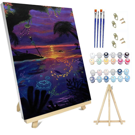 hyzsj Paint by Numbers Kit for Adults with Frame,Sea Animal Paint by Numbers for Adults, Paint by Number with Easel, DIY Paint by Number Kits for Home Wall Decor（Sunset 11.8x15.7inch hyzsj