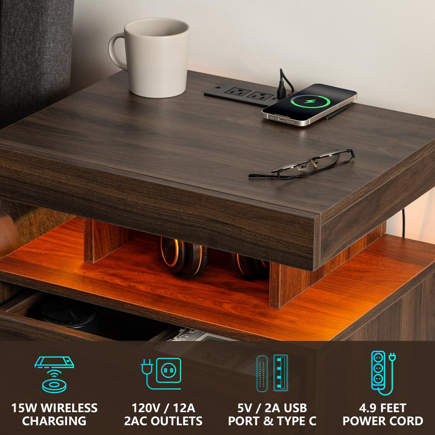 HOMMPA LED Nightstand with Wireless Charging Station Dark Walnut Wood Bedside Table with Led Light Smart Nightstand USB Port Type C Night Table with 2 Drawers Mid Century LED Night Stand for  - WoodArtSupply