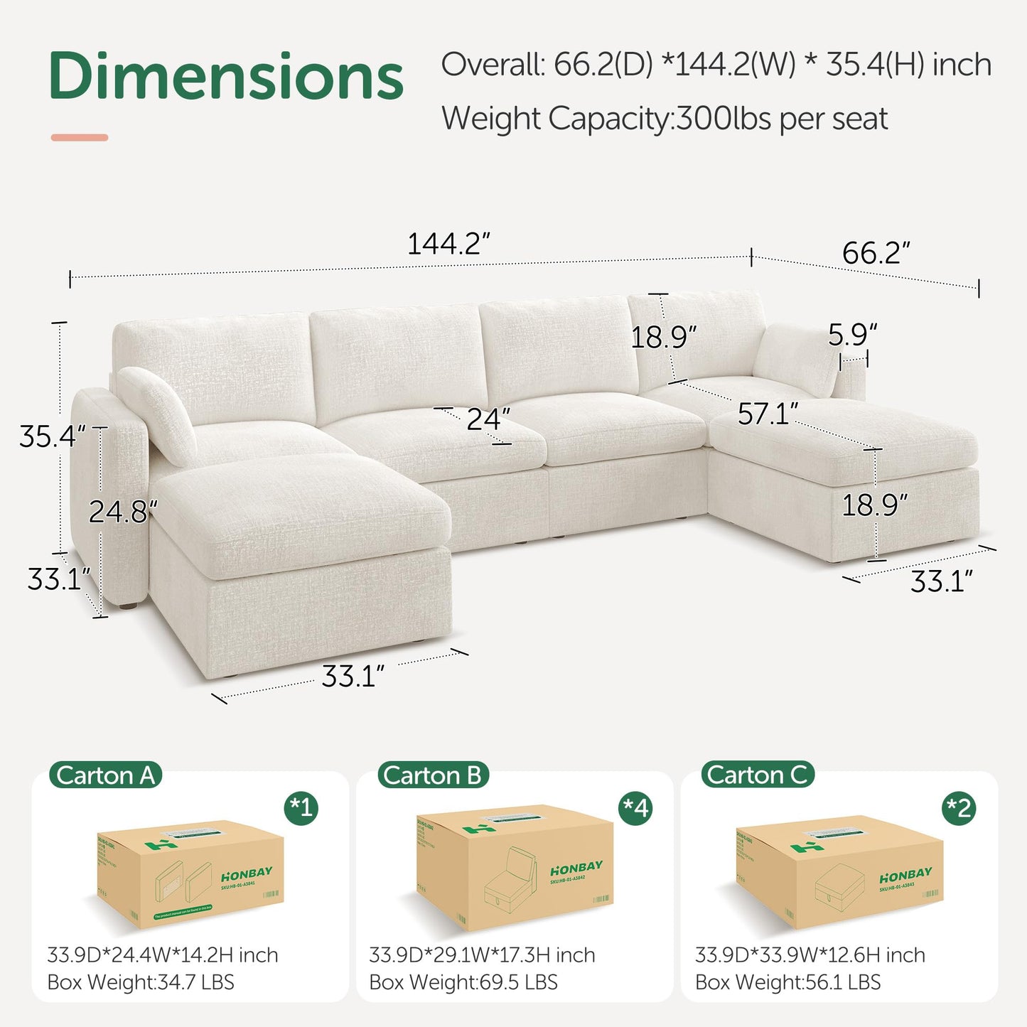 HONBAY Sectional Couch with Storage Seats, Modular Sectional Sofa with Storage Ottoman, U Shaped Sectional Couches for Living Room,Beige