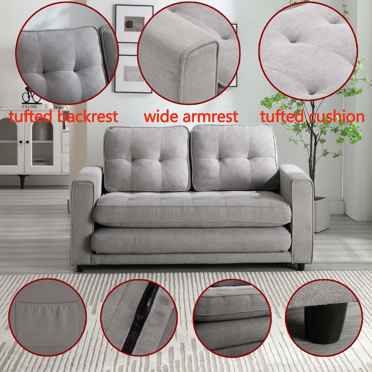 MWrouqfur Folding Futon Sleeper Sofa with Pull Out Couch Bed,Modern Velvet Loveseat Sleeper Convertible to Full Size Floor Couches Bed for Living Room Bedroom Small Space (Gray) MWrouqfur